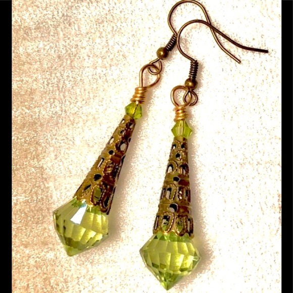 Handmade Jewelry - Olive Green Teardrop Bronze Filigree Cone Earrings